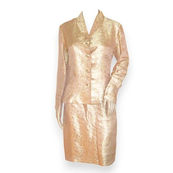 Designer Lena Medoyeff MOB Salmon Coral Gold Shantung Silk Dress Skirt Suit S
